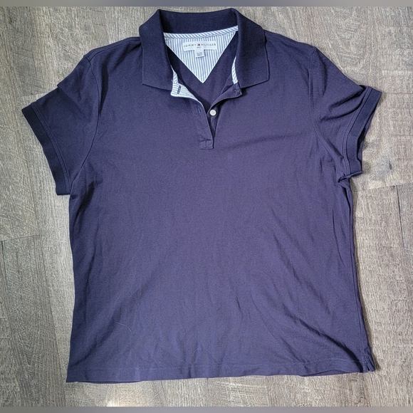 Y2K Tommy Hilfiger Polo Women's XL Navy Short Sleeve 1/4 Button Strechy Cotton - Picture 5 of 13